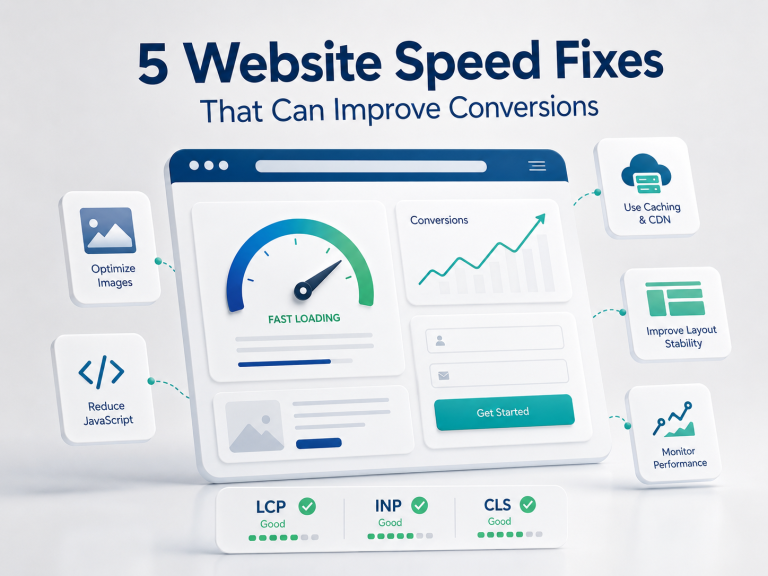 Website speed fixes dashboard showing faster loading, Core Web Vitals, and conversions
