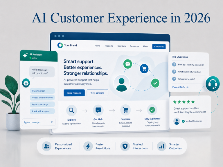AI customer experience in 2026 with chat support, FAQs, reviews, and website journey elements