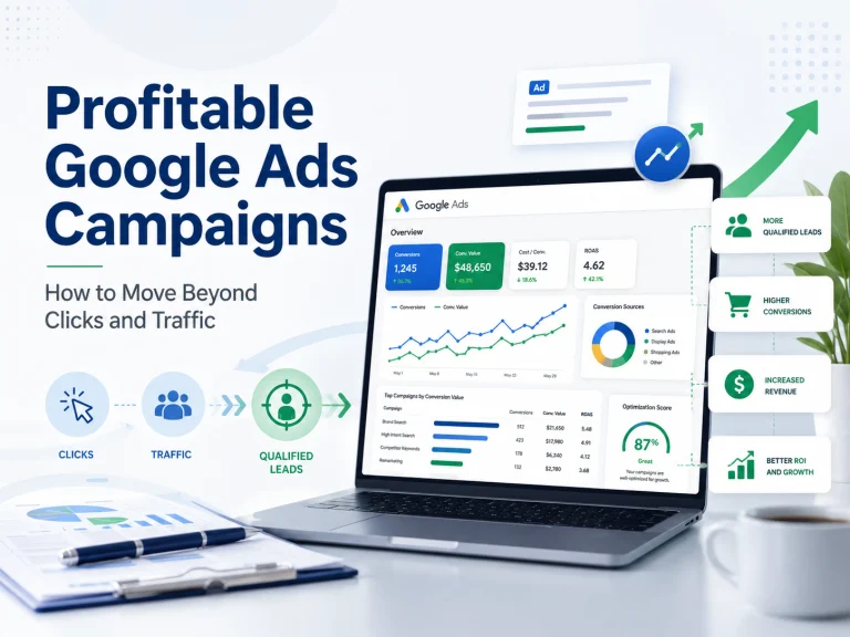 Promotional graphic titled "Profitable Google Ads Campaigns: How to Move Beyond Clicks and Traffic." A laptop displays a Google Ads performance dashboard with charts, conversion metrics, ROAS, and optimization scores. Icons illustrate the progression from clicks and traffic to qualified leads, while callouts highlight more qualified leads, higher conversions, increased revenue, and better ROI. A clipboard with charts and a coffee mug sit on a desk, with an upward green arrow symbolizing business growth.